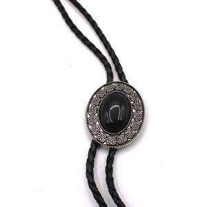 Black Agate Ornate Bolo Tie Braided Leather Cord Ornate Scroll Tips Western Vtg